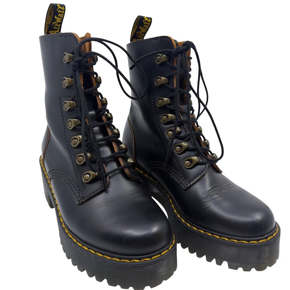 Dr Martens Leona Platform Boots Womens 5 Black Leather Chunky Hiker Lug Sole